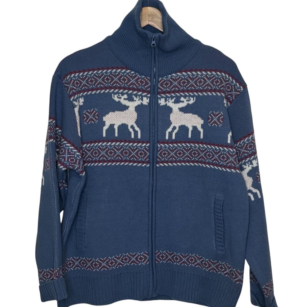 John Blair Nordic Style Zip Up High Collar Moose Sweater 1990's Vintage